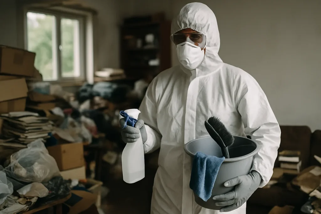 Équipe professionnelle nettoyant un appartement encombré à Saint-Ferreol-D'Aurore.