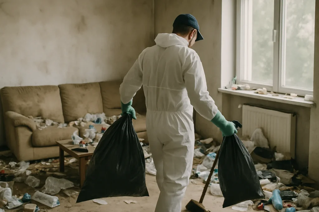 Équipe professionnelle de nettoyage dans un appartement encombré à Metz-Tessy, travaillant méthodiquement.