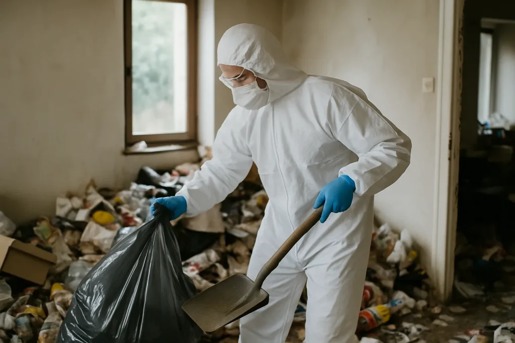 Un agent de nettoyage en action dans un appartement en désordre après syndrome de Diogène.