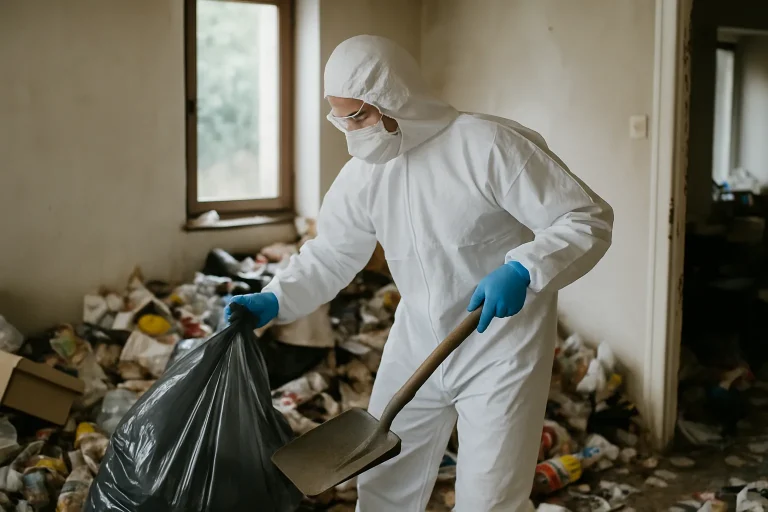 Un agent de nettoyage en action dans un appartement en désordre après syndrome de Diogène.