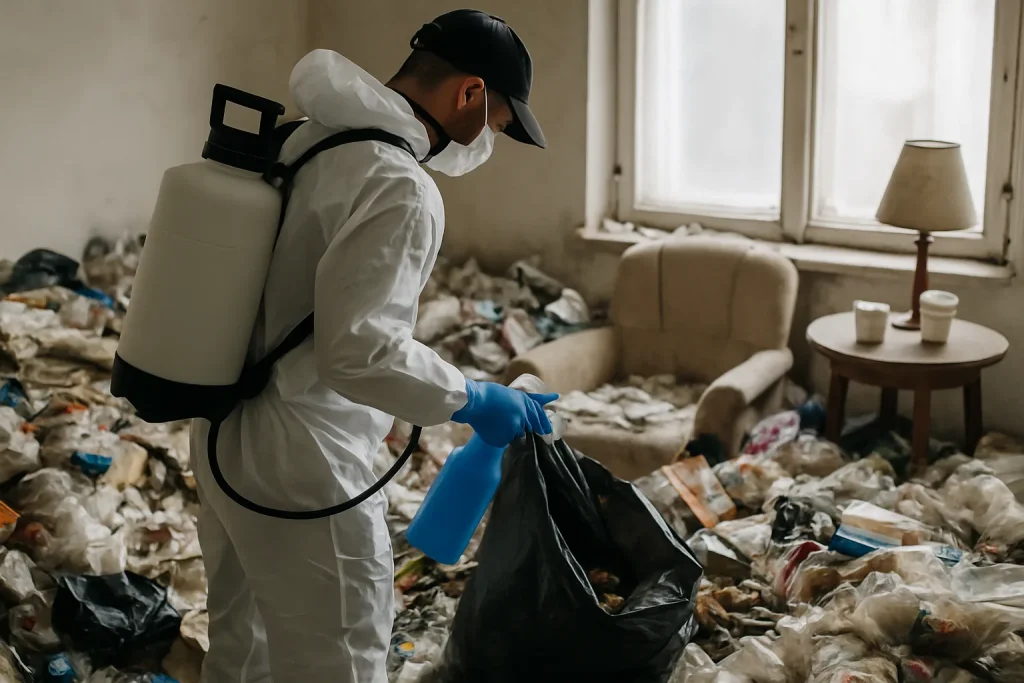 Des agents de nettoyage en train de ranger un appartement en désordre à Les-Vans.