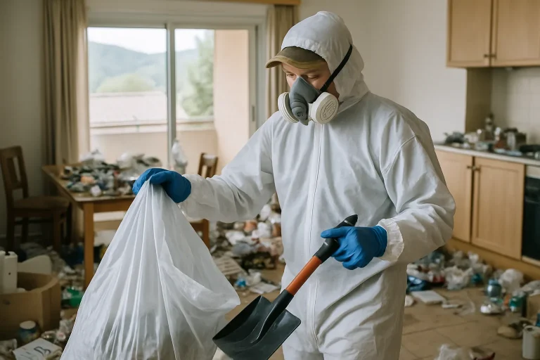 Intérieur d'une pièce en désordre avec objets éparpillés, nécessitant un nettoyage approfondi.