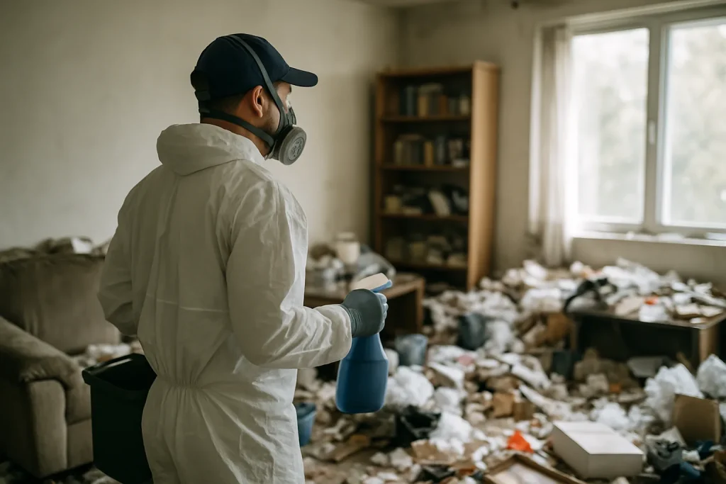 Une équipe de nettoyage dans un appartement à Guilherand-Granges, en train de trier des objets.