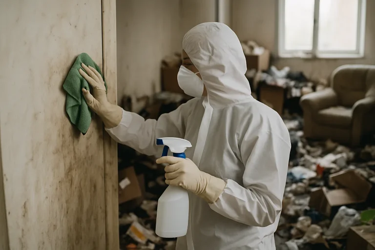 Professionnel nettoyant un appartement en désordre à Cournon-D'Auvergne.