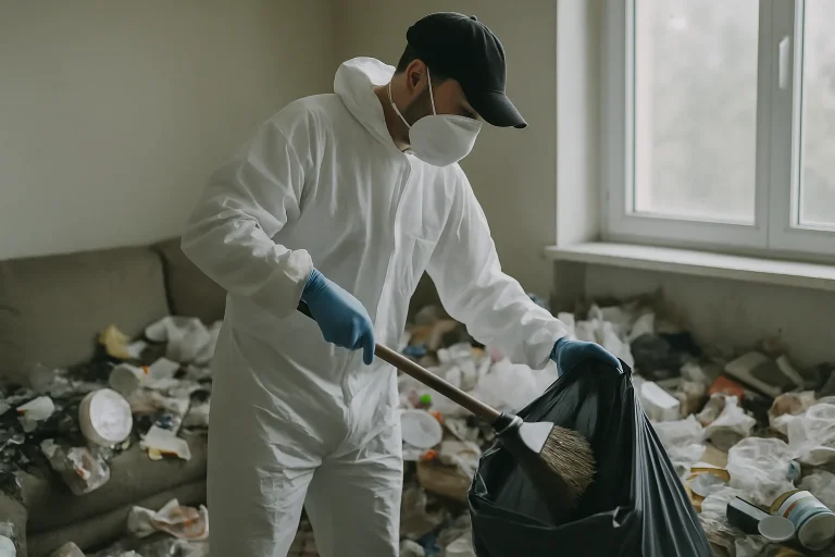 Un professionnel en nettoyage dans un appartement chaotique à Exincourt, montrant des déchets et du désordre.