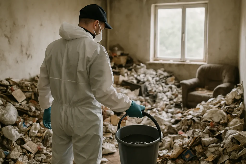 Intérieur d'un appartement en désordre à Salins-Les-Bains, avec des déchets et des objets éparpillés.