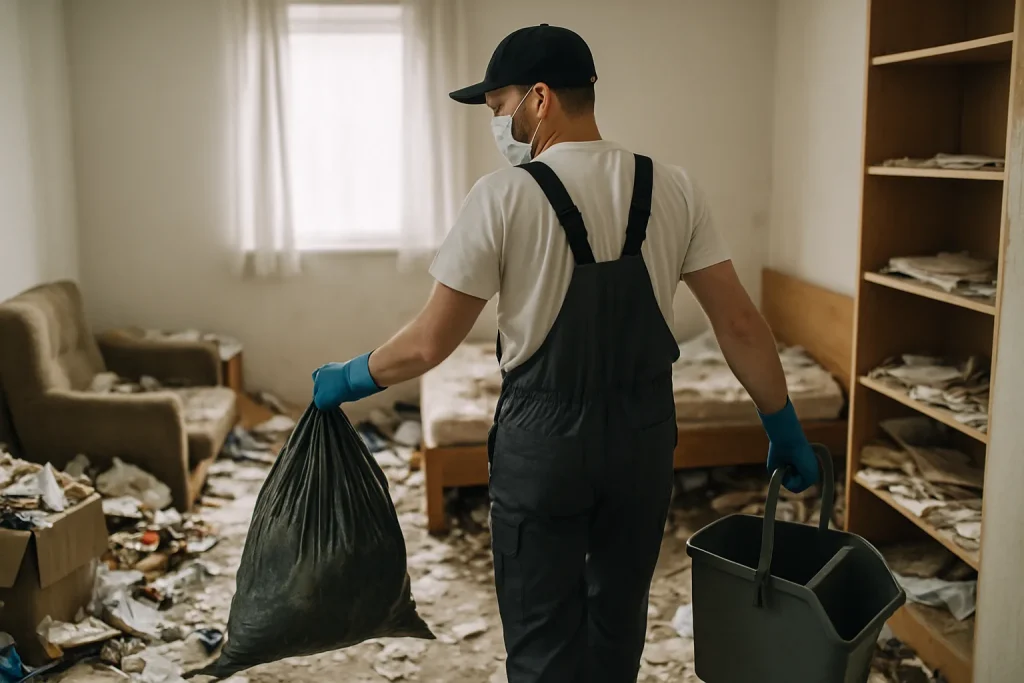 Équipe de nettoyage au travail dans un appartement encombré à Surzur.
