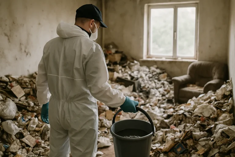 Intérieur d'un appartement en désordre à Salins-Les-Bains, avec des déchets et des objets éparpillés.