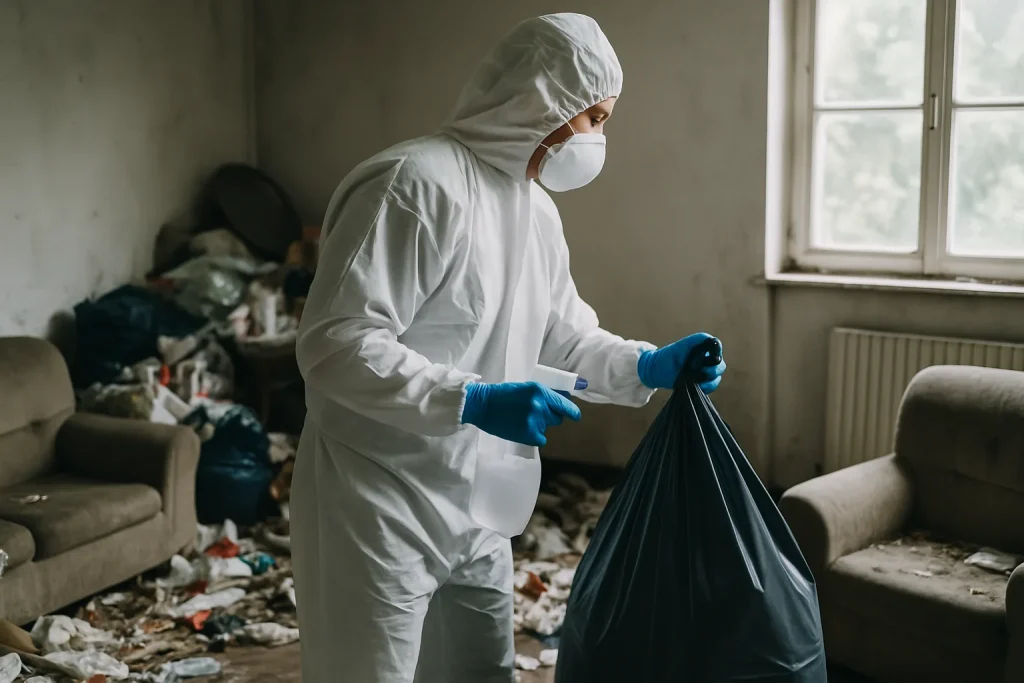 Un professionnel nettoyant un appartement en désordre à Saint-Jean-De-Muzols.