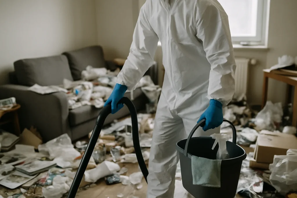 Équipe de nettoyage s'occupant d'un appartement insalubre à Beauzac.