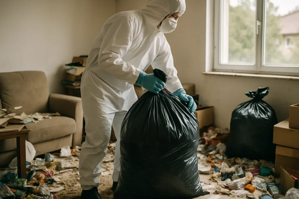 Une équipe de nettoyage s'occupe d'un appartement en désordre à La-Roche-Blanche.