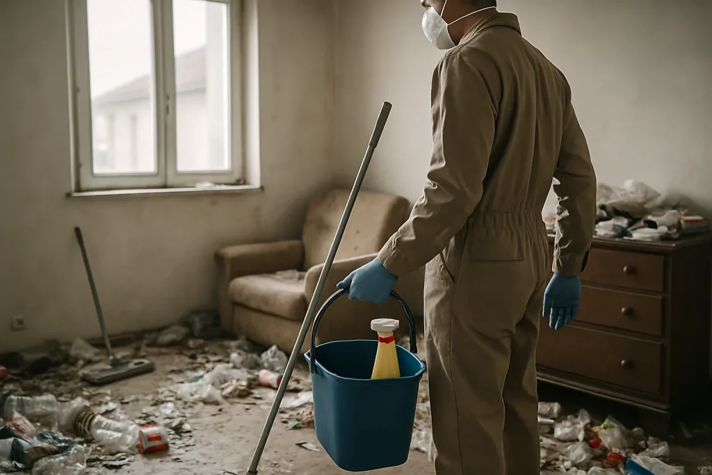 Intérieur d'un appartement à Saint-Laurent-De-Mure avec des objets et déchets accumulés.