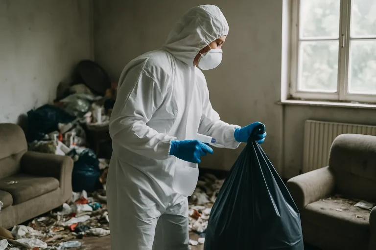 Un professionnel nettoyant un appartement en désordre à Saint-Jean-De-Muzols.