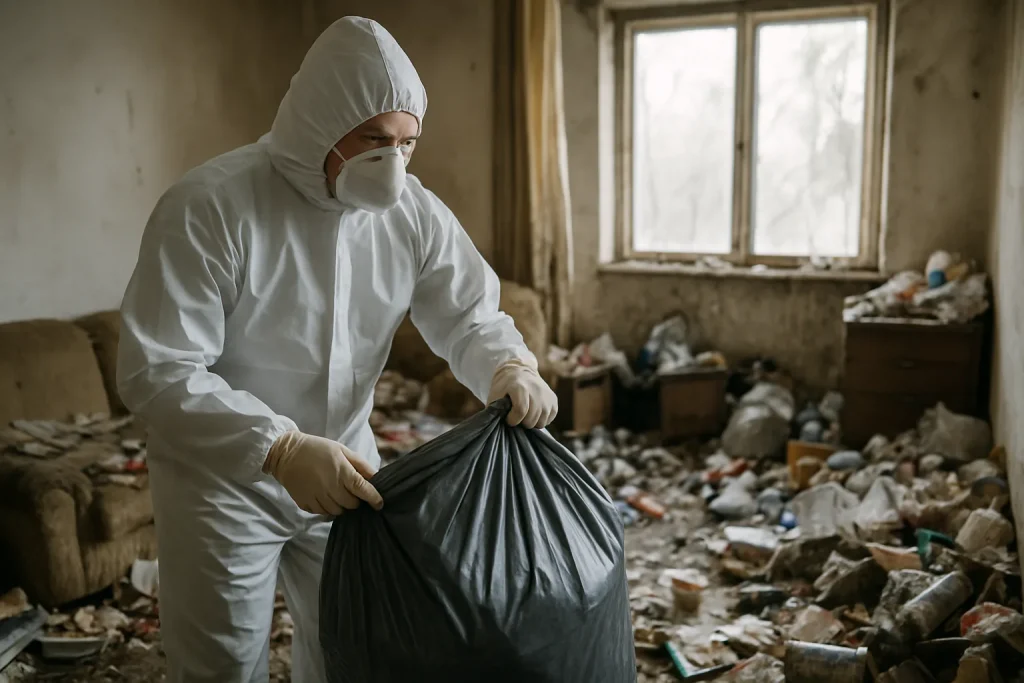 Équipe de nettoyage dans un appartement à Montlucon, en train de débarrasser des déchets.