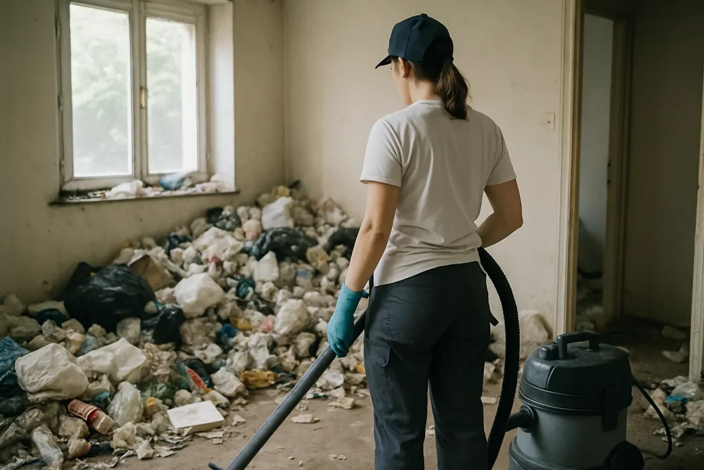 Un professionnel nettoie un appartement désordonné après syndrome de Diogène à Sennecey-Le-Grand.