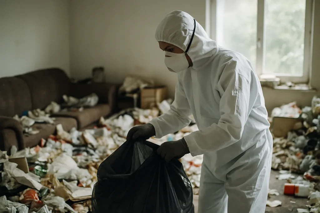 Un intérieur en désordre avec des objets et déchets, représentant un cas de syndrome de Diogène.