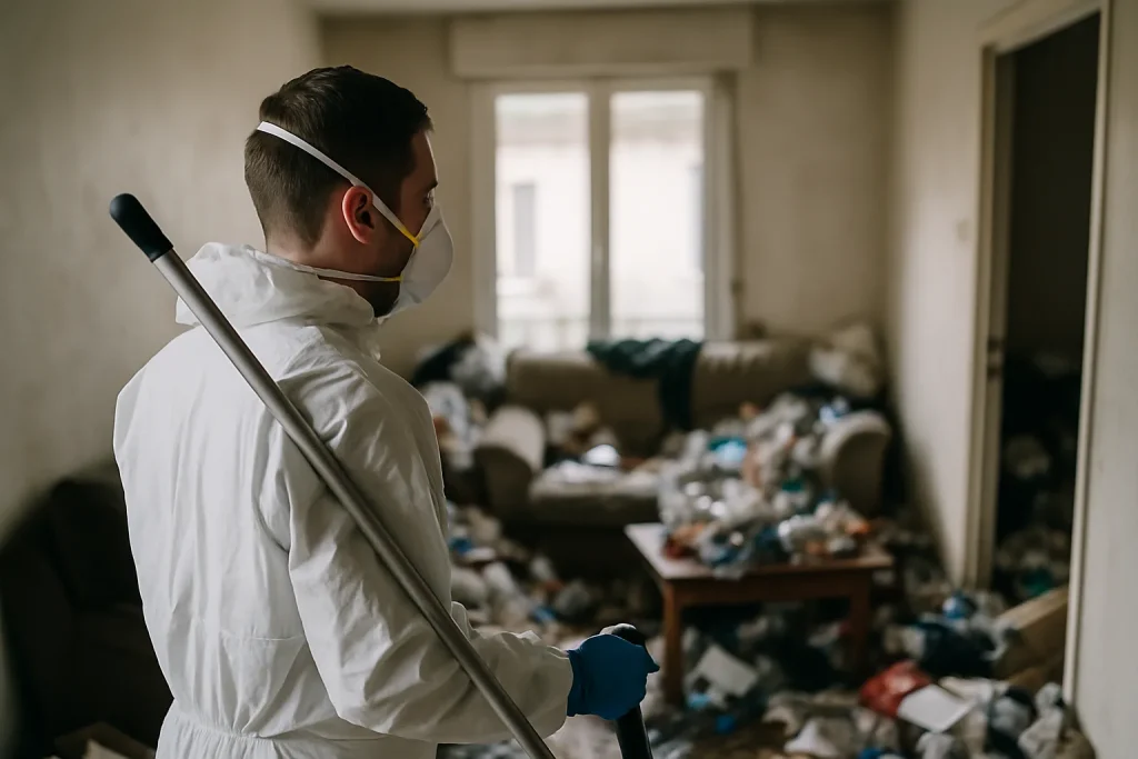 Technicien nettoyant un appartement en désordre à Servon-Sur-Vilaine, montrant des meubles et déchets.