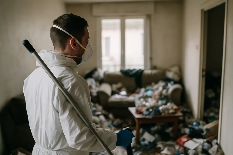 Technicien nettoyant un appartement en désordre à Servon-Sur-Vilaine, montrant des meubles et déchets.