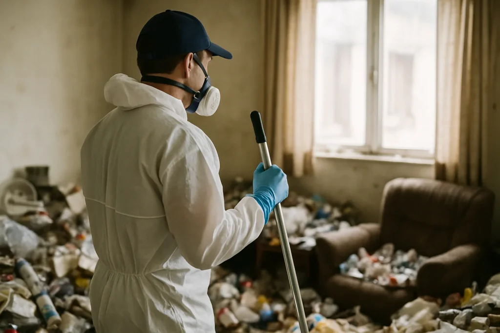 Intérieur d'une maison à Cleder en désordre, nécessitant un nettoyage après syndrome de Diogène.