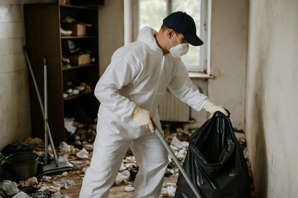 Un professionnel nettoie un appartement en désordre à L'Hermitage, illustrant un service de nettoyage après syndrome de Diogène.