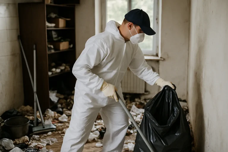 Un professionnel nettoie un appartement en désordre à L'Hermitage, illustrant un service de nettoyage après syndrome de Diogène.