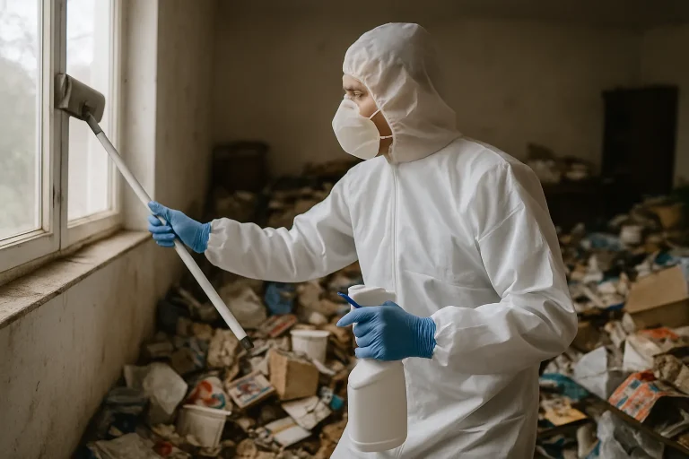 Appartement en désordre avec des déchets visibles, illustrant un besoin de nettoyage après syndrome de Diogène.