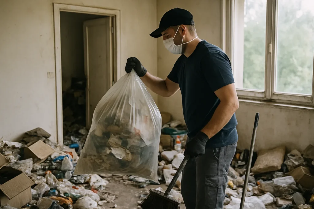Un professionnel du nettoyage inspectant un appartement encombré à Chaingy.