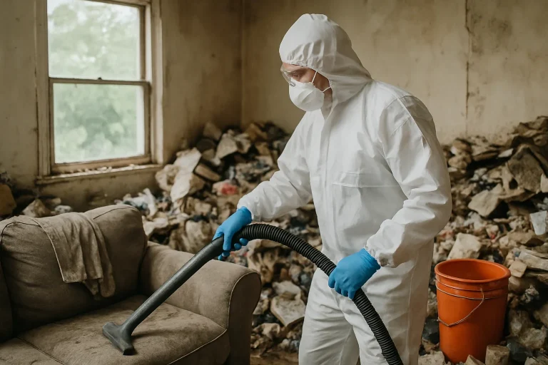 Équipe de nettoyage dans un appartement en désordre à Fougerolles, en train de trier des déchets.
