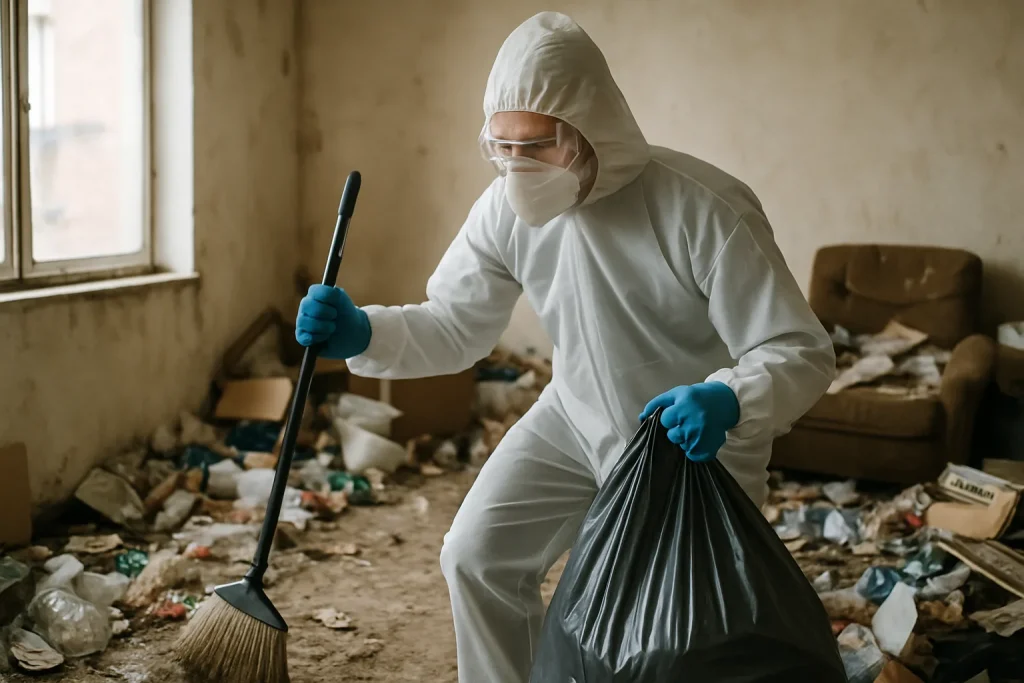 Intérieur d'un appartement en désordre à Cluny, illustrant la nécessité d'un nettoyage après syndrome de Diogène.