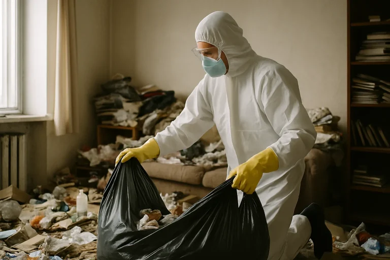 Un expert en nettoyage travaille dans un appartement encombré à Romagne, avec des déchets autour.
