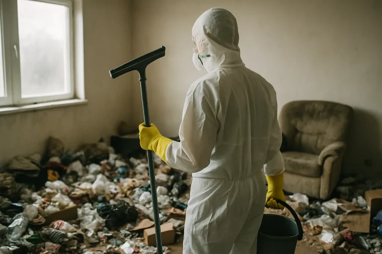 Une équipe de nettoyage s'affaire dans un appartement encombré à Plouagat, mettant en évidence le processus de nettoyage.