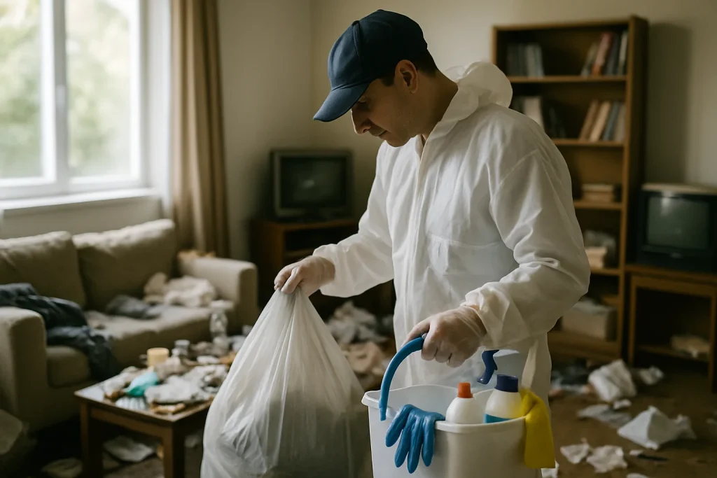 Un professionnel nettoie un appartement en désordre à Doussard, avec des outils de nettoyage.