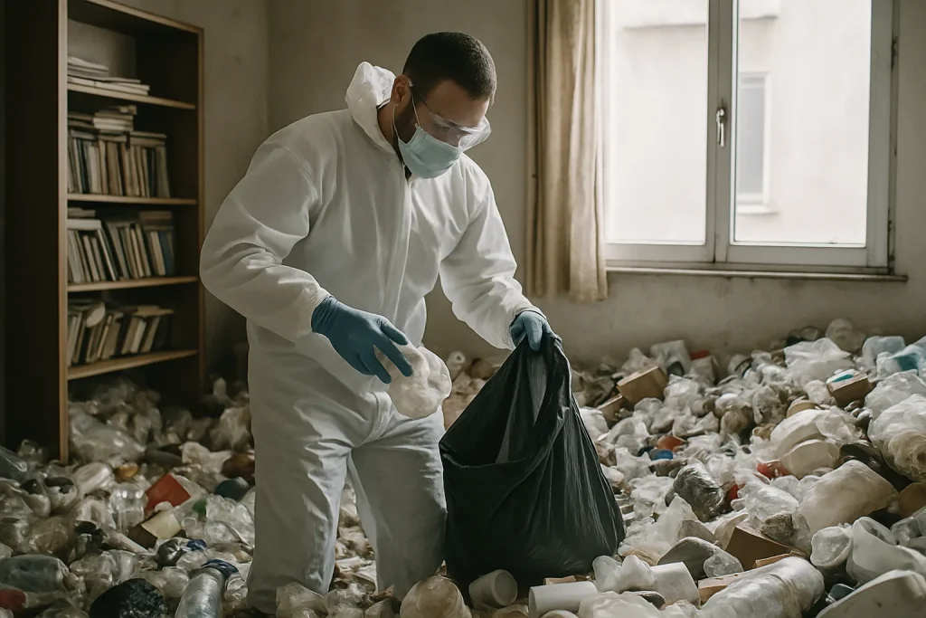 Maison en désordre à Broons, présentant des déchets à nettoyer.