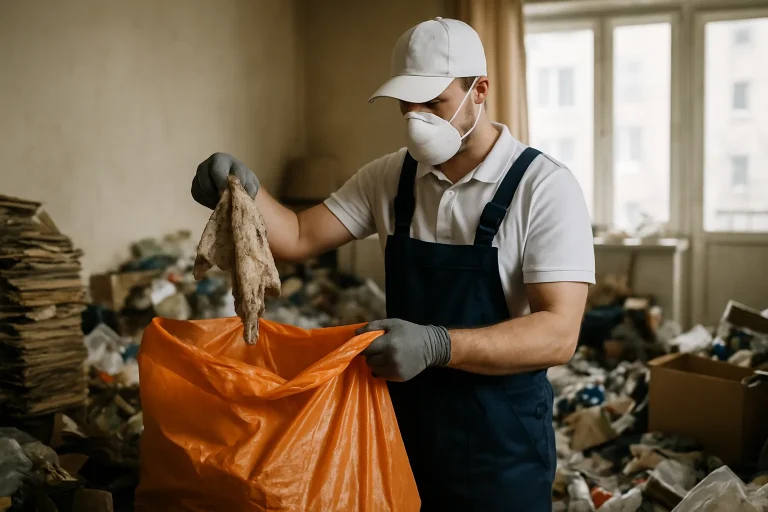 Un homme en uniforme de nettoyage s'occupant de déchets dans un appartement en désordre.