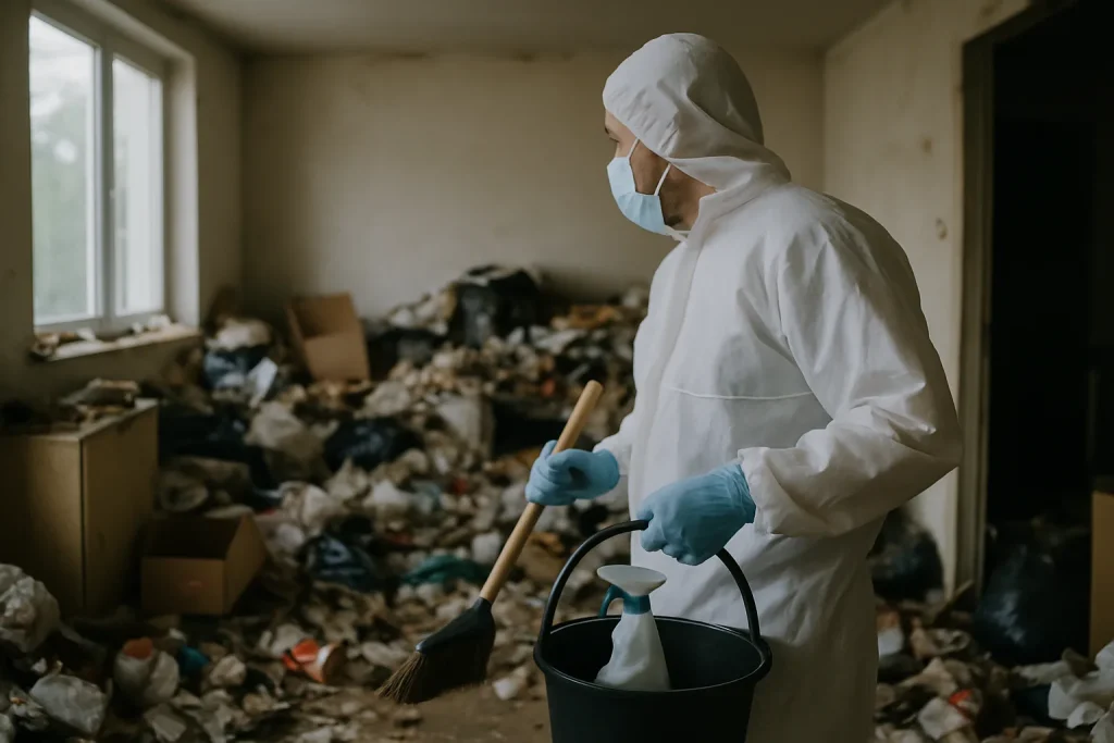 Appartement en désordre à Fraisses, en cours de nettoyage après diogène.