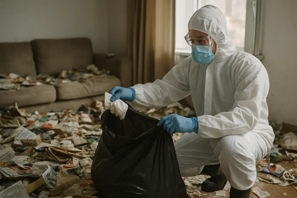 Intérieur d'un appartement en désordre avec déchets et objets éparpillés.