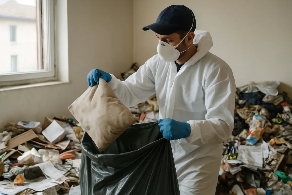 Intérieur d'un appartement à Saint-Rambert-D'Albon en désordre, avec des déchets visibles sur le sol.