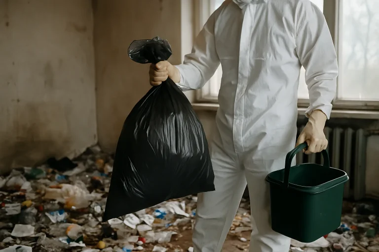 Équipe de nettoyage dans un appartement en désordre à Saint-Agreve, avec des déchets entassés.