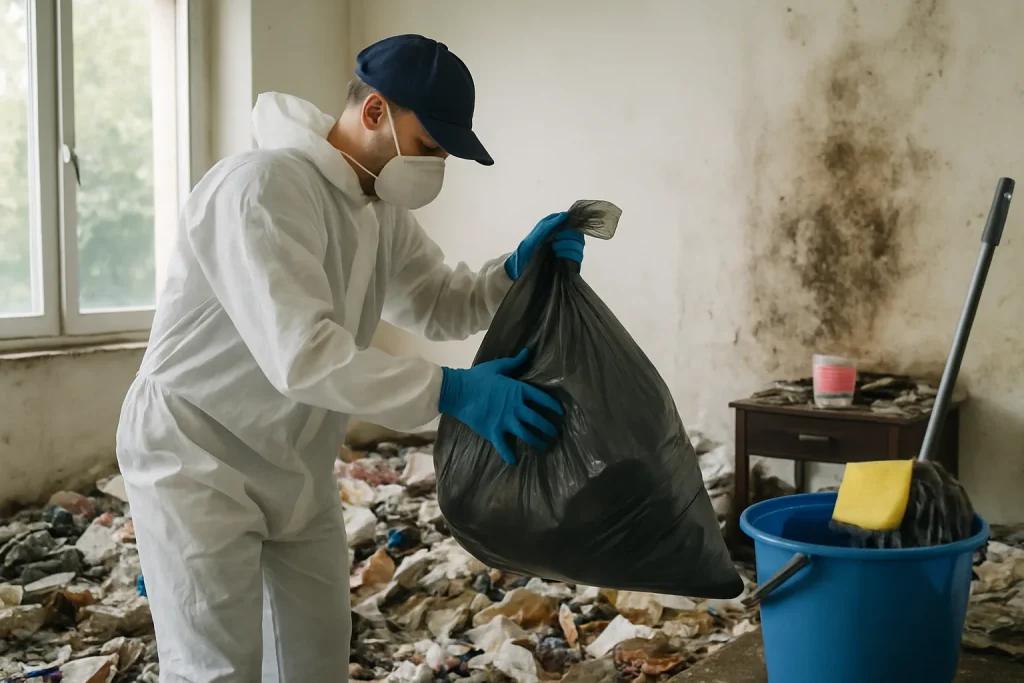 Scène de nettoyage après diogène avec des professionnels dans un appartement à Biviers.