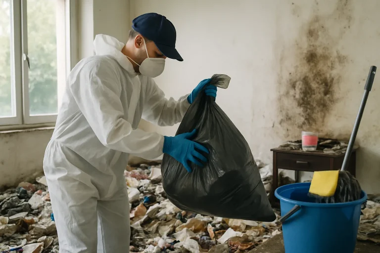 Scène de nettoyage après diogène avec des professionnels dans un appartement à Biviers.
