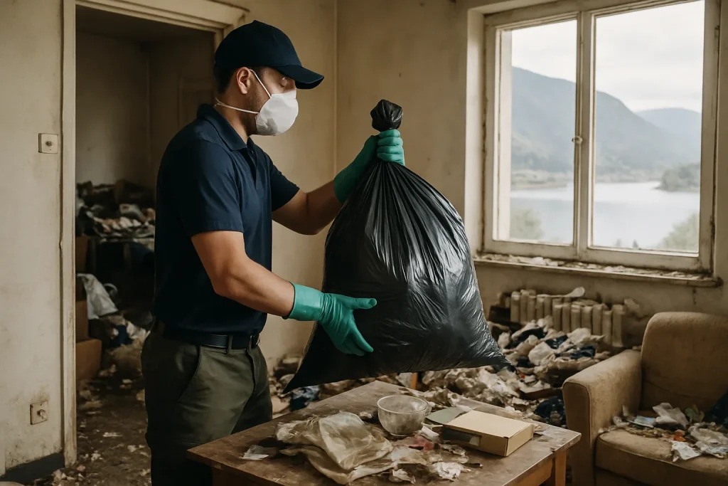Intérieur d'un appartement en désordre à Nantua, illustrant la situation après diogène.