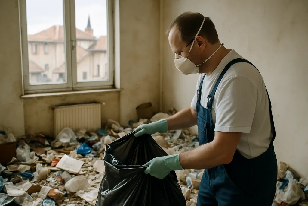 Un appartement en désordre à Chatillon-Sur-Chalaronne, rempli d'objets et de déchets à nettoyer.