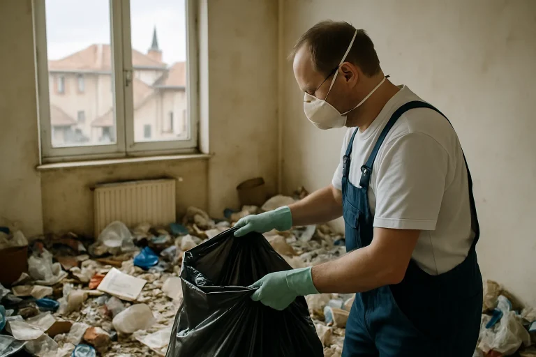 Un appartement en désordre à Chatillon-Sur-Chalaronne, rempli d'objets et de déchets à nettoyer.