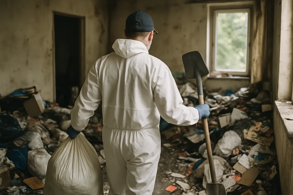 Intérieur d'un appartement à Collonges-Sous-Saleve, avec des déchets et des objets accumulés.