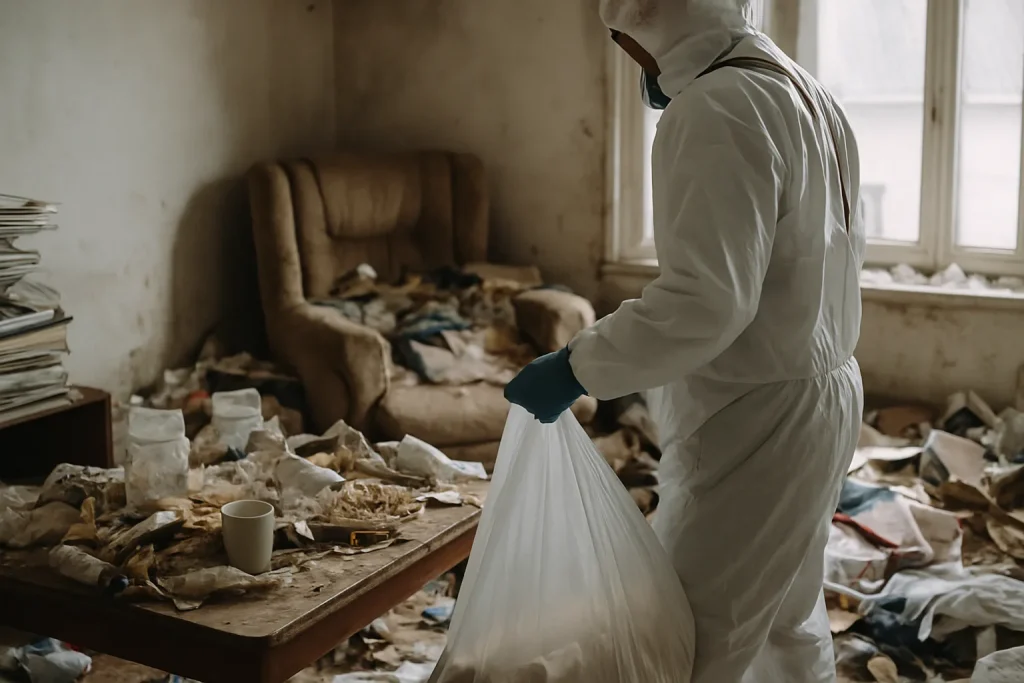 Intérieur d'un appartement en désordre à Courpière, avant nettoyage.