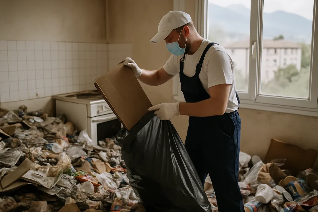 Intérieur d'un appartement à Crolles avec accumulation d'objets et désordre.