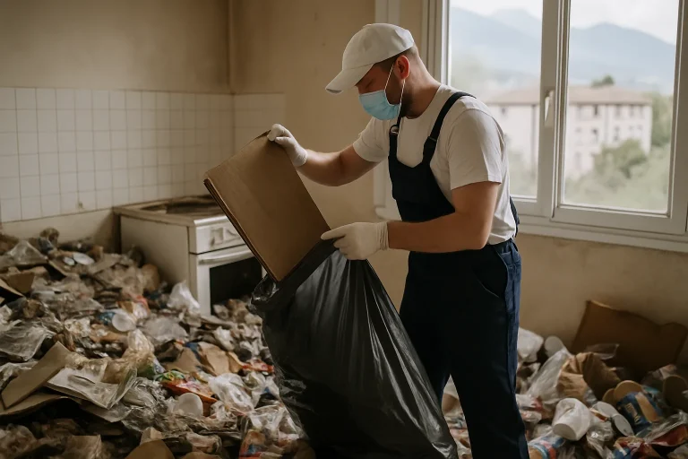 Intérieur d'un appartement à Crolles avec accumulation d'objets et désordre.