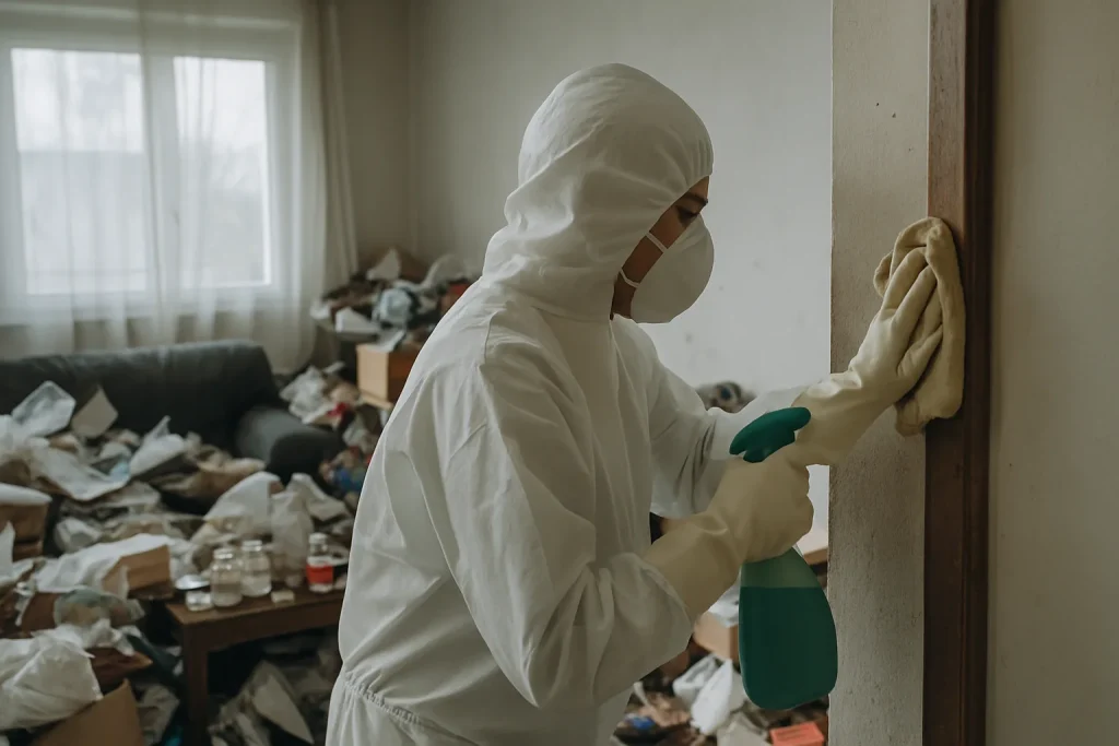 Professionnels nettoyant un appartement insalubre à Firminy avec divers outils.