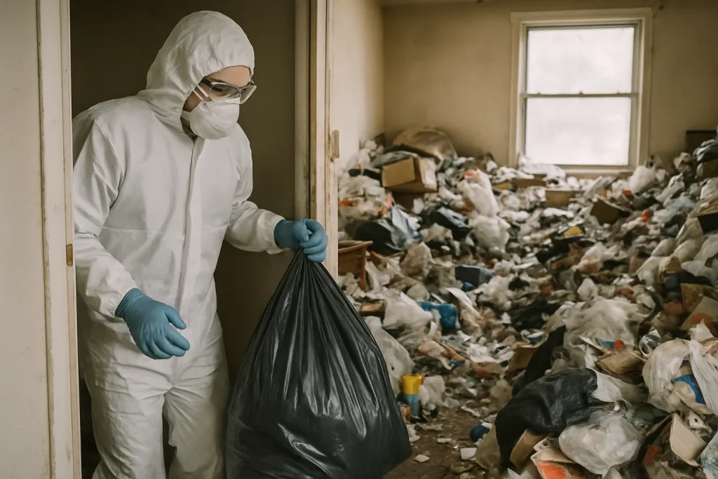 Équipe de nettoyage dans un appartement en désordre à La-Rochette, avec des objets éparpillés.