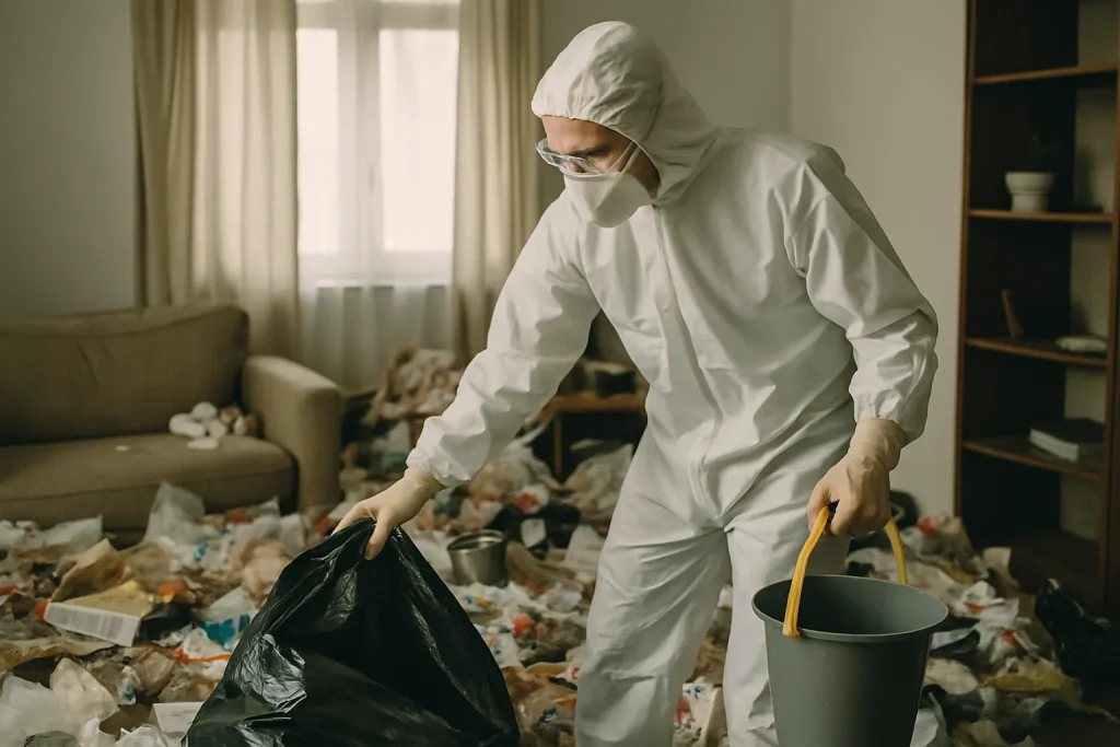 Intérieur d'un appartement à Lagnieu en désordre avec objets et déchets éparpillés.